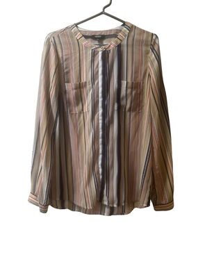 Pleated Collar Striped Blouse in Neutral Multi-Stripe (Bin 1-28)